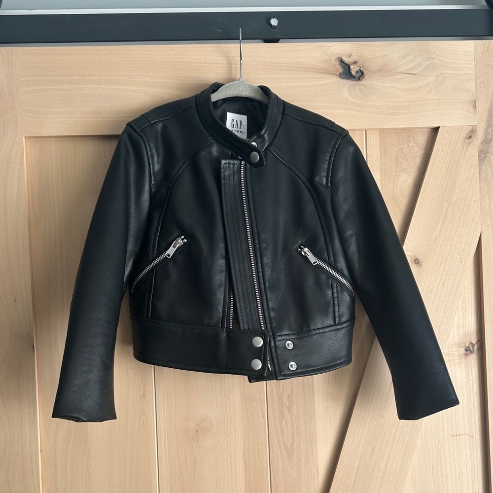 GAP Kids Black Faux Leather Moto Jacket with Silver Zippers
